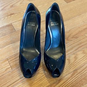 Stuart Weitzman Victoria Navy Blue Patent Leather Platform Peep Toe Shoe